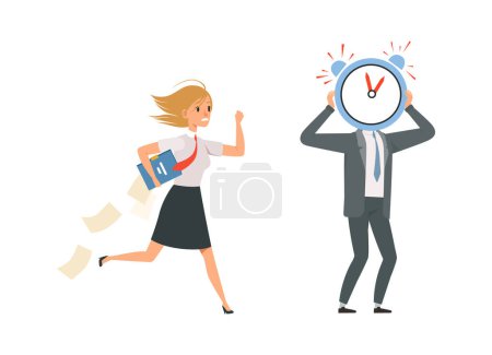 Illustration for Managers characters. Office staff and deadline late for work. Girl wear uniform and papers vector illustration. Deadline late management, business employee and staff work rush - Royalty Free Image