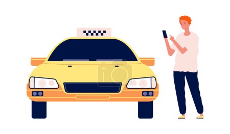 Illustration for Man call taxi. Guy using car online app. Cartoon flat yellow auto and smiling boy vector illustration. Service taxi, transport cab and passenger use application - Royalty Free Image