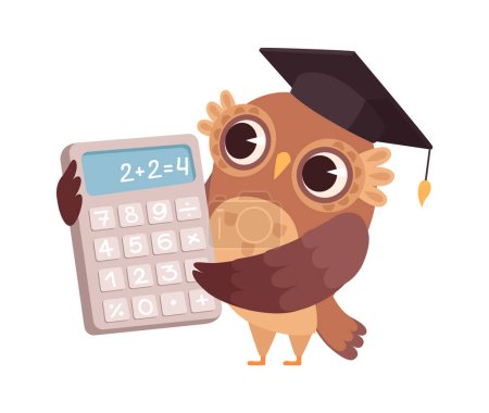 Illustration for Mathematic teacher. Owl with calculator, bird professor. Isolated cartoon character at school or university vector illustration. Education mathematics, owl learning at school - Royalty Free Image