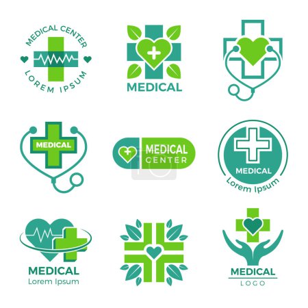Téléchargez les illustrations : Logotypes médicaux. Modèle de conception de symboles vectoriels de soins de santé. Illustration de l'icône de l'hôpital, clinique médicale - en licence libre de droit