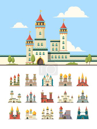 Illustration for Medieval castles. Old palazzo building hill towers vector flat illustration. Castle building, medieval stronghold tower - Royalty Free Image