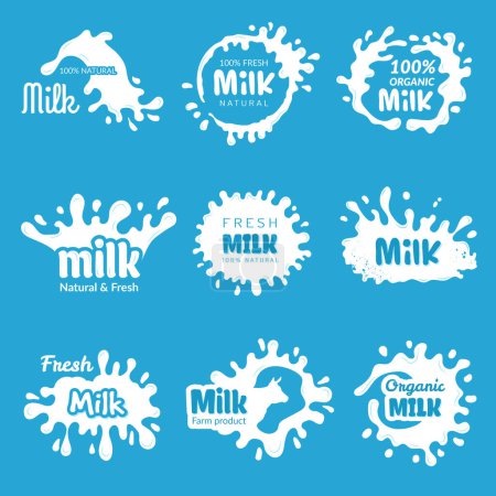 Téléchargez les illustrations : Logo lait. Fromage lecho ou yaourt éclaboussures produits laitiers frais badges conception collection vectorielle. Logo de la ferme laitière, produits laitiers frais, illustration de la crème d'étiquette - en licence libre de droit