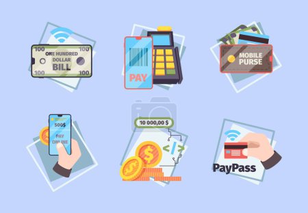 Illustration for Mobile payments. Business concept pictures online banking nfc mobility innovative systems phone commercial transaction vector flat illustration. Service transaction innovation, transfer use smartphone - Royalty Free Image