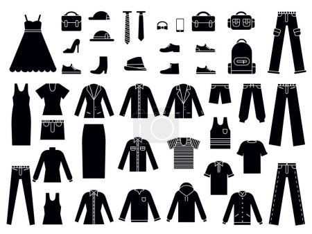Monochrome illustrations of clothes for male and female. Vector clothes fashion, clothing accessories jacket and footwear