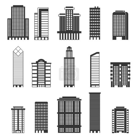 Illustration for Monochrome illustrations of urban buildings. Business offices in skyscrapers. Architecture black white office, construction structure for city vector - Royalty Free Image