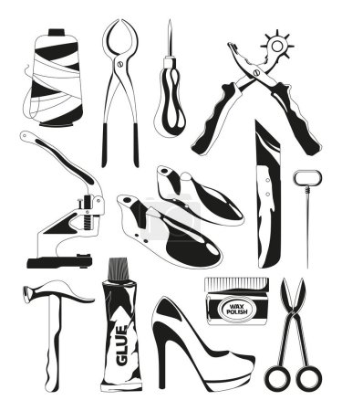 Illustration for Monochrome pictures set of shoes repair tools. Vector shoemaker tools scissors and bradawl, thread and vise illustration - Royalty Free Image
