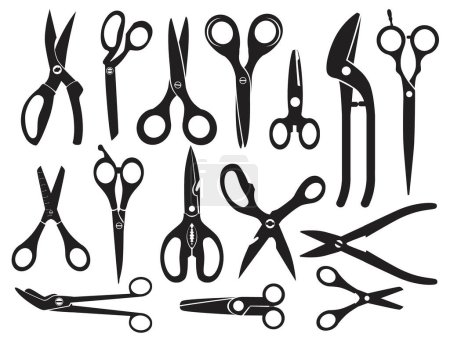 Illustration for Monochrome pictures with different type of scissors for hairdressing, vector professional tool collection illustration - Royalty Free Image