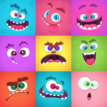 Illustration for Monsters emotions. Scary faces masks with mouth and eyes of aliens monsters vector emoticon set. Halloween cute alien, head funny character flat illustration - Royalty Free Image