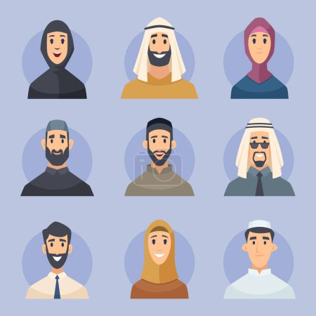 Illustration for Muslim avatars. Arabic male and female characters front view portraits faces vector east people. Avatar muslim man and woman illustration - Royalty Free Image