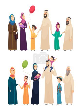 Illustration for Muslim family. Big arabic happy family saudi people father mother boys girls elders vector characters. Arab muslim together, father and mother husband and wife illustration - Royalty Free Image