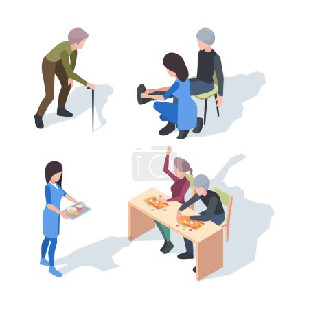 Illustration for Nursing home care. Elderly lifestyle activity helper senior medical nursing clinic vector people. Elderly nursing, pensioner retired illustration - Royalty Free Image