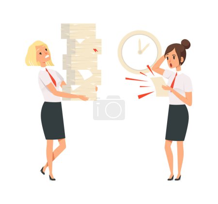 Illustration for Office managers. Unfulfilled tasks, deadline time. Isolated girls in suits scared and tired vector illustration. Office work, business stress with pile task - Royalty Free Image