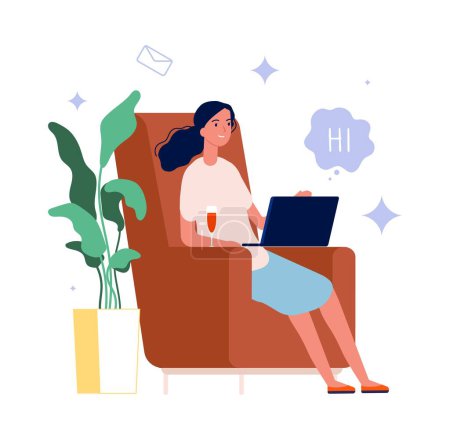 Illustration for Online chat. Woman with wine glass and laptop. Video call, social media addiction or freelance work vector concept. Online communication, woman with laptop illustration - Royalty Free Image