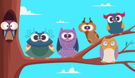 Illustration for Owls branches. Cute funny group of wild baby birds sitting on branches tree big expression cartoon eye vector background. Owl bird animal, cute cartoon wild happy illustration - Royalty Free Image