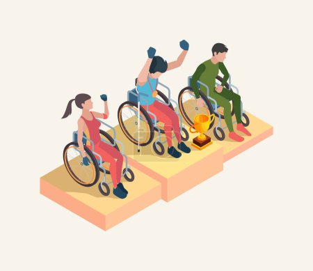 Illustration for Paralympic people celebration. Olympic games winners with cup prize sport people vector disabled isometric persons. Competition champion handicapped, reward ceremony illustration - Royalty Free Image