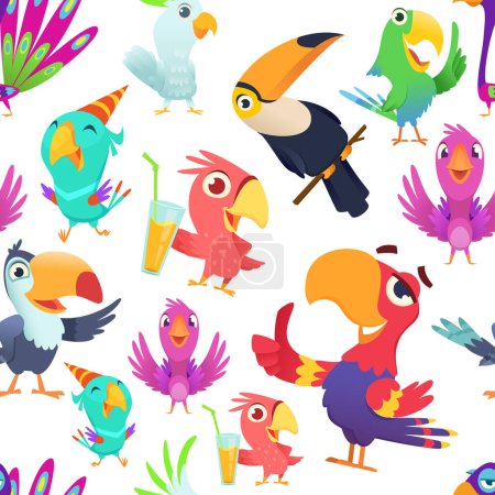 Illustration for Parrots pattern. Toucan tropical colored birds summer exotic seamless vector illustrations in cartoon style. Exotic bird parrot, macaw and toucan - Royalty Free Image