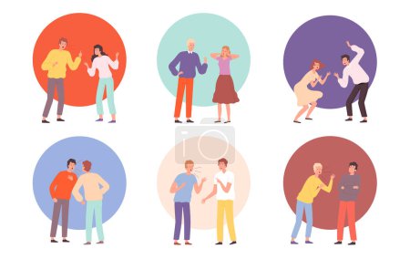 Illustration for Conflict persons. Screaming people disrespect angry conversation quarrel of pairing brawl friends vector characters. People conflict, woman man quarrel, character angry and unhappy illustration - Royalty Free Image