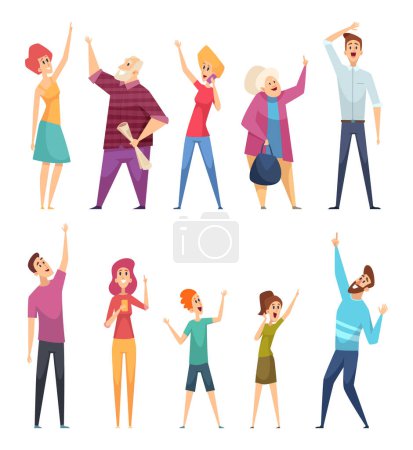 Illustration for People looking up. Crowd watching and pointing in sky vector cartoon persons. Pointing up and watching, person looking to sky illustration - Royalty Free Image