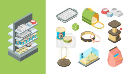 Illustration for Pets shop. Products for animals balls toys food dogs cats fishes items vector isometric collection. Accessory for pet, nutrition and product, equipment and shampoo illustration - Royalty Free Image