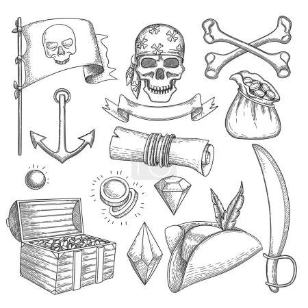 Illustration for Pirate items. Ship sea adventure elements treasure chest cross star map nautical symbols vector pirate weapons. Sea elements, anchor and pirate treasure illustration - Royalty Free Image