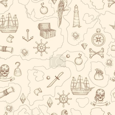 Illustration for Pirate map seamless. Nautical vintage detailed adventure map with treasures and sea objects ships weapons creatures. Vector pattern. Sea adventure, pirate treasure in ocean island illustration - Royalty Free Image