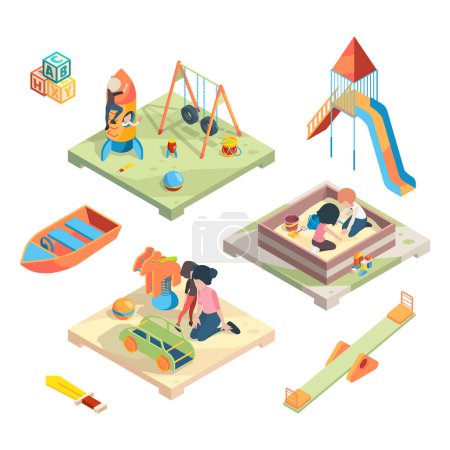 Illustration for Playground isometric. Place for funny games kids preschool playing with babysitter in amusement park toys vector pictures. Preschool game, play with child on playground illustration - Royalty Free Image