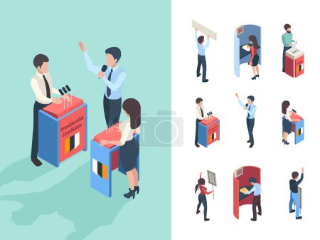 Illustration for Political voting. People choice president or parliament reporters and speakers vote campaign vector isometric persons. Illustration candidate discussion, conversation presidential election - Royalty Free Image