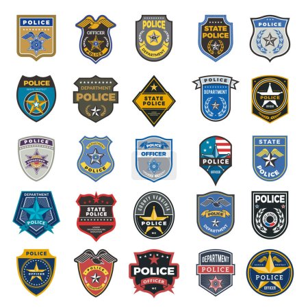 Police badges. Officer security federal agent signs and symbols police protection vector logo. Illustration of federal police, policeman insignia, officer badge