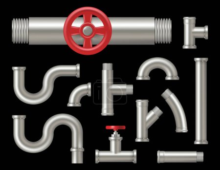 Illustration for Pipelines realistic. Factory steel tubes curve metalic oil or water pipes vector collection. Plumbing realistic pipe, tube and steel metal, pipeline part illustration - Royalty Free Image
