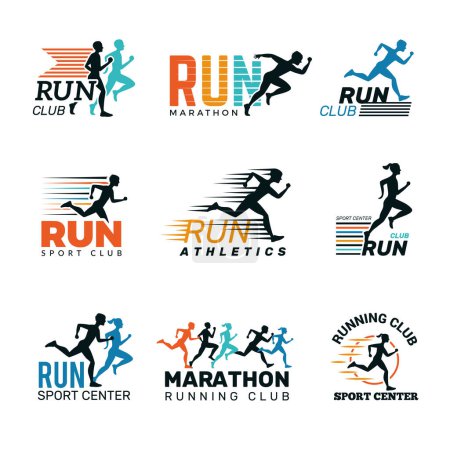 Illustration for Running logo. Marathon club badges sport symbols shoe and legs jumping running people vector collection. Sport speed, fitness runner distance, club run illustration - Royalty Free Image