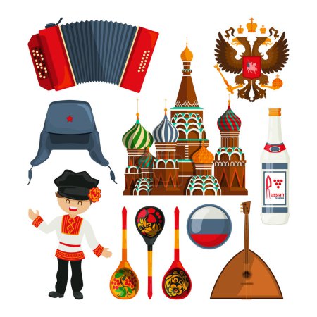 Illustration for Russian landmarks and different traditional symbols. Vector russia culture, national russian traditional illustration - Royalty Free Image