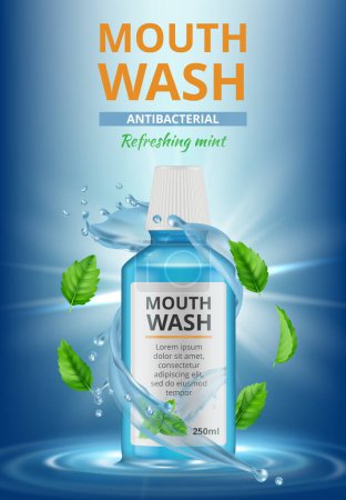 Illustration for Rinse water ads. Dental medical poster mouthwash fresh cleaning water splashes vector realistic placard. Product clean hygiene oral, dental poster and care illustration - Royalty Free Image