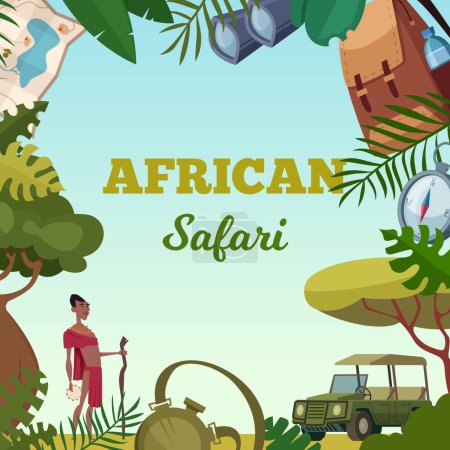 Illustration for Safari frame. African tour travel concept for adventure brochure background jungle wild animals cars and various items. Safari tropical savannah, african wildlife expedition and travel - Royalty Free Image