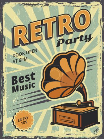 Illustration for Retro party. Invitation poster with gramophone and vinyl records music vector placard. Retro music invitation party, graphic gramophone with vinyl illustration - Royalty Free Image