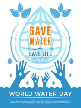 Illustration for Save water. Aqua liquid drops healthcare poster vector concept picture for water day. Illustration of ecology environment, water aqua protection poster - Royalty Free Image