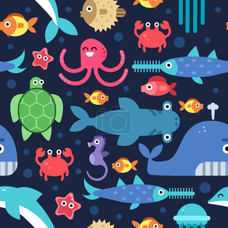 Téléchargez les illustrations : Modèle sans couture de la vie sous-marine de la mer. Illustrations vectorielles plates. Faune marine sous-marine, poissons et étoiles de mer - en licence libre de droit