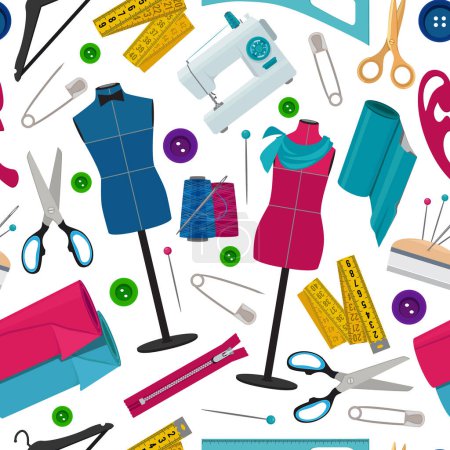 Illustration for Seamless pattern for tailor shop with different sewing tools. Background needlework tools, thread and needle. Vector illustration - Royalty Free Image