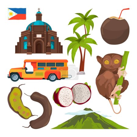 Ilustración de Conjunto vectorial de símbolos coloreados de filipinas. Ilustración de la arquitectura tradicional y tarsier animal - Imagen libre de derechos