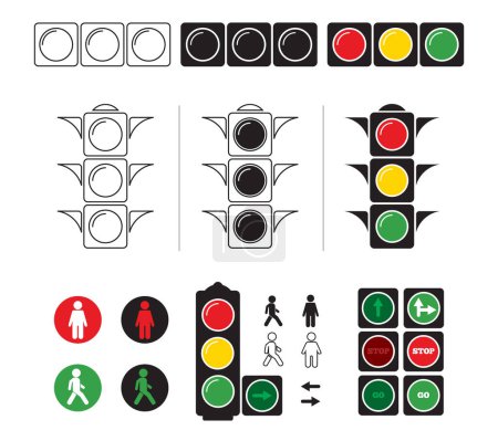 Téléchargez les illustrations : Définir des illustrations stylisées de feux de circulation avec des symboles. Phare vectoriel pour le transport sur route, signal d'avertissement - en licence libre de droit