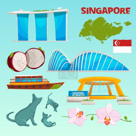 Ilustración de Establecer diferentes puntos de referencia de Singapur. Vector singapore viajes, arquitecto de edificios, rascacielos e ilustración de fuentes - Imagen libre de derechos