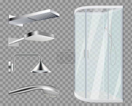 Ducha. Cabezales de ducha, elementos de baño realistas aislados sobre fondo transparente. Conjunto de accesorios metálicos de agua vectorial. Ilustración baño con ducha, higiene limpia, herramientas higiénicas de pureza
