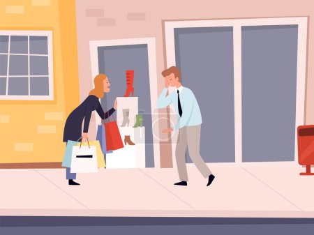 Illustration for Shopping addiction. Woman want new shoes, mad tired. Stores street, sales or travellers customers. Seasonal discount, happy girl vector illustration. Woman shopaholic addiction, shoes store discount - Royalty Free Image