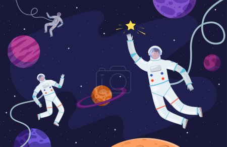 Illustration for Space background. Astronaut in suit working on asteroids or moon professional cosmonaut vector person. Astronaut and cosmonaut flying in universe illustration - Royalty Free Image