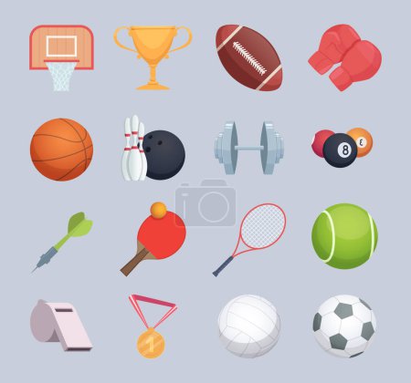 Illustration for Sport equipment. Balls hockey or golf stick fitness exercise equipment rackets vector cartoon illustration. Basketball and volleyball, bowling or rugby - Royalty Free Image