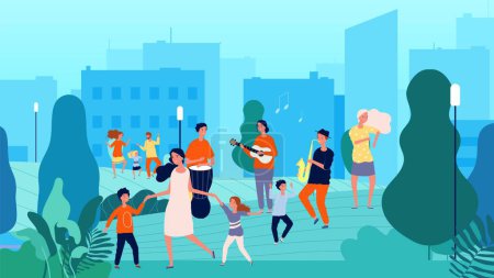 Illustration for Street musicians. Musical fest, family dancing. Parents and children having fun with music vector illustration. Street music, instruments concert on air - Royalty Free Image