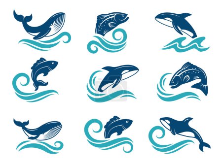 Illustration for Stylized pictures of marine animals. Sharks, fishes and others. Symbols for logo design. Vector fish animal, marine shark in water illustration - Royalty Free Image