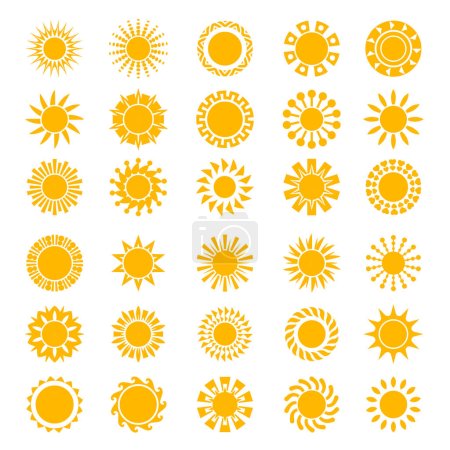 Téléchargez les illustrations : Des icônes du soleil. Sunrise créativité forme cercle ensoleillé logo coucher de soleil stylisé symboles collection vectorielle. Ensoleillement et lumière du soleil, lumière et logo chaud illustration - en licence libre de droit