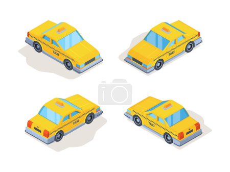 Illustration for Taxi cars. Yellow service vehicles passenger machines isometric various point view vector. Car taxi service, cab yellow to travel transportation city illustration - Royalty Free Image