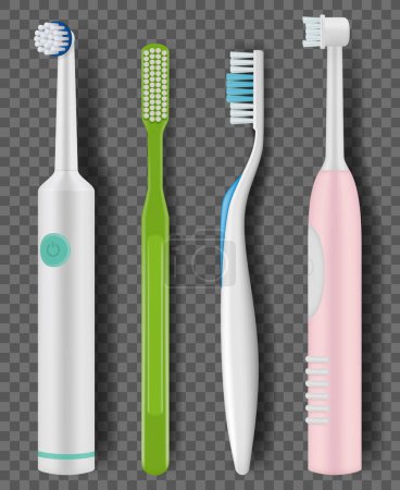 Illustration for Toothbrushes realistic. Daily morning hygiene mouth cleaning tooth items promo closeup brush vector illustrations. Toothbrush realistic, rotation bristle cleaning - Royalty Free Image