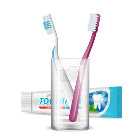 Illustration for Toothbrush in glass. Dental daily protection morning hygiene plastic tube package for toothpaste vector realistic isolation. Toothpaste healthcare and toothbrush in cup illustration - Royalty Free Image